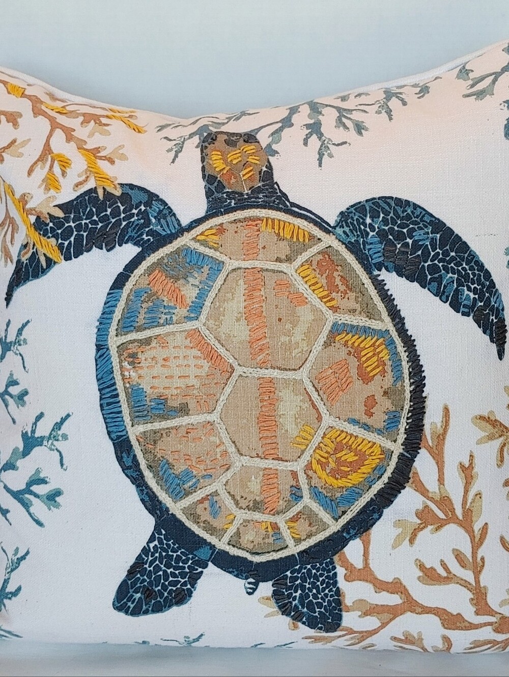 Coastal Sea Turtle Embroidered Throw Pillow (20" x 20") with Premium Down Insert